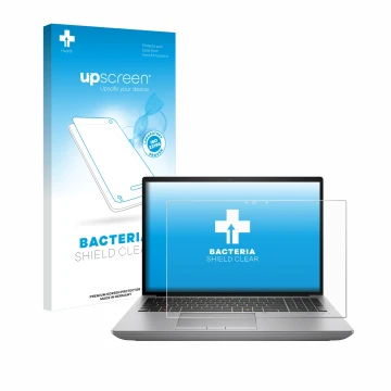 Parte frontale di una confezione del prodotto con il logo del marchio upscreen. Accanto è raffigurato il dispositivo HP ZBook 