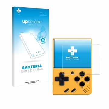 Parte frontale di una confezione del prodotto con il logo del marchio upscreen. Accanto è raffigurato il dispositivo Miyoo Min