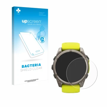 Parte frontale di una confezione del prodotto con il logo del marchio upscreen. Accanto è raffigurato il dispositivo Garmin Fe