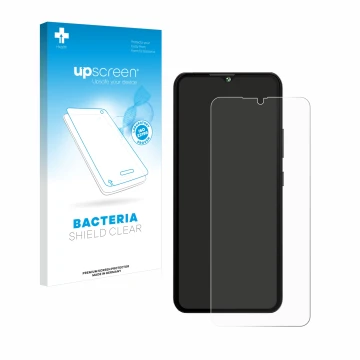 Parte frontale di una confezione del prodotto con il logo del marchio upscreen. Accanto è raffigurato il dispositivo Cubot A10