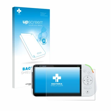 Parte frontale di una confezione del prodotto con il logo del marchio upscreen. Accanto è raffigurato il dispositivo Babysense