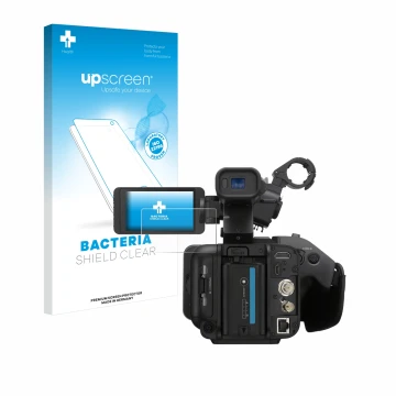 Parte frontale di una confezione del prodotto con il logo del marchio upscreen. Accanto è raffigurato il dispositivo Sony PXW-