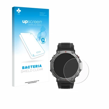 Parte frontale di una confezione del prodotto con il logo del marchio upscreen. Accanto è raffigurato il dispositivo Huami Ama