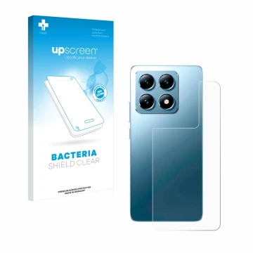 Parte frontale di una confezione del prodotto con il logo del marchio upscreen. Accanto è raffigurato il dispositivo Xiaomi 14