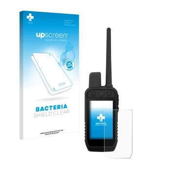 Parte frontale di una confezione del prodotto con il logo del marchio upscreen. Accanto è raffigurato il dispositivo Garmin Al