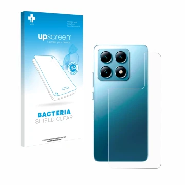 Parte frontale di una confezione del prodotto con il logo del marchio upscreen. Accanto è raffigurato il dispositivo Xiaomi 14