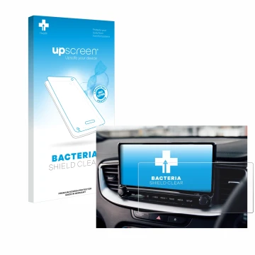 Parte frontale di una confezione del prodotto con il logo del marchio upscreen. Accanto è raffigurato il dispositivo Kia XCeed