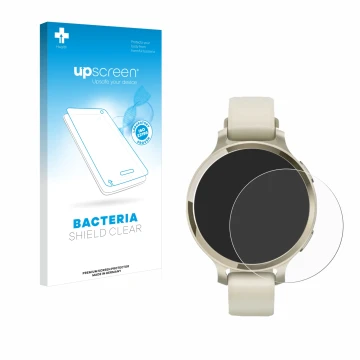 Parte frontale di una confezione del prodotto con il logo del marchio upscreen. Accanto è raffigurato il dispositivo Garmin Li