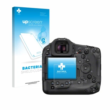 Parte frontale di una confezione del prodotto con il logo del marchio upscreen. Accanto è raffigurato il dispositivo Canon EOS