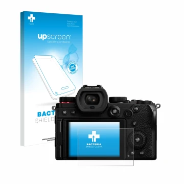 Parte frontale di una confezione del prodotto con il logo del marchio upscreen. Accanto è raffigurato il dispositivo Panasonic