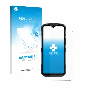 Parte frontale di una confezione del prodotto con il logo del marchio upscreen. Accanto è raffigurato il dispositivo Doogee V 