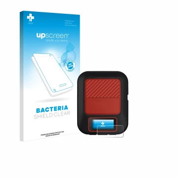 Parte frontale di una confezione del prodotto con il logo del marchio upscreen. Accanto è raffigurato il dispositivo Garmin in