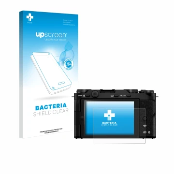 Parte frontale di una confezione del prodotto con il logo del marchio upscreen. Accanto è raffigurato il dispositivo Fujifilm 
