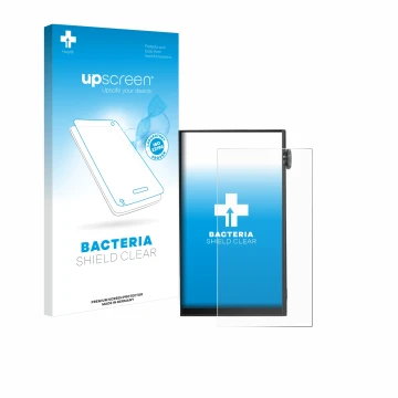 Parte frontale di una confezione del prodotto con il logo del marchio upscreen. Accanto è raffigurato il dispositivo iBasso DX