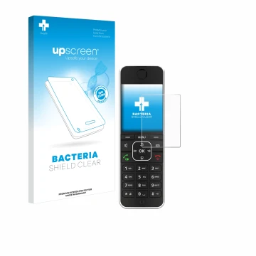 Parte frontale di una confezione del prodotto con il logo del marchio upscreen. Accanto è raffigurato il dispositivo AVM Fritz