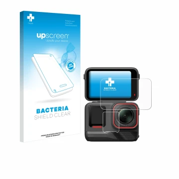 Parte frontale di una confezione del prodotto con il logo del marchio upscreen. Accanto è raffigurato il dispositivo Insta360 