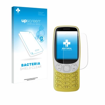 Parte frontale di una confezione del prodotto con il logo del marchio upscreen. Accanto è raffigurato il dispositivo Nokia 321