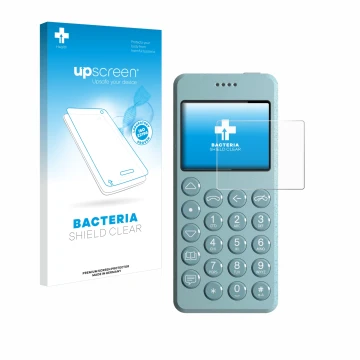 Parte frontale di una confezione del prodotto con il logo del marchio upscreen. Accanto è raffigurato il dispositivo Punkt MP0