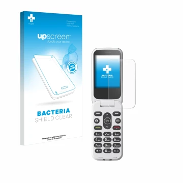 Parte frontale di una confezione del prodotto con il logo del marchio upscreen. Accanto è raffigurato il dispositivo Doro 2820