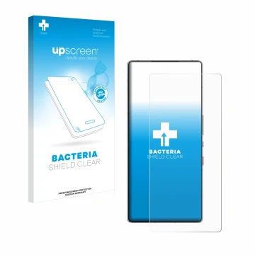 Parte frontale di una confezione del prodotto con il logo del marchio upscreen. Accanto è raffigurato il dispositivo ZTE Nubia