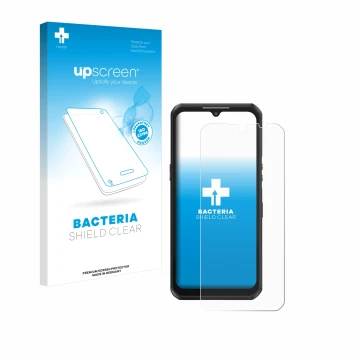 Parte frontale di una confezione del prodotto con il logo del marchio upscreen. Accanto è raffigurato il dispositivo Oukitel W