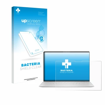 Parte frontale di una confezione del prodotto con il logo del marchio upscreen. Accanto è raffigurato il dispositivo Dell XPS 