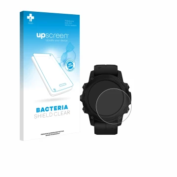 Parte frontale di una confezione del prodotto con il logo del marchio upscreen. Accanto è raffigurato il dispositivo Garmin De
