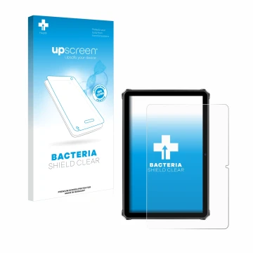 Parte frontale di una confezione del prodotto con il logo del marchio upscreen. Accanto è raffigurato il dispositivo Oukitel R