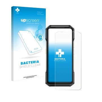 Parte frontale di una confezione del prodotto con il logo del marchio upscreen. Accanto è raffigurato il dispositivo Ulefone A