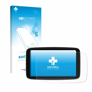 Parte frontale di una confezione del prodotto con il logo del marchio upscreen. Accanto è raffigurato il dispositivo TomTom GO