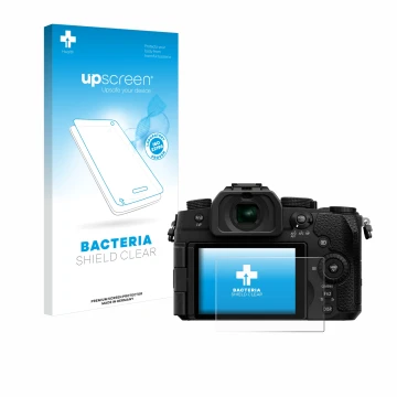 Parte frontale di una confezione del prodotto con il logo del marchio upscreen. Accanto è raffigurato il dispositivo Panasonic