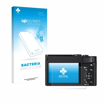 Parte frontale di una confezione del prodotto con il logo del marchio upscreen. Accanto è raffigurato il dispositivo Panasonic