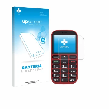 Parte frontale di una confezione del prodotto con il logo del marchio upscreen. Accanto è raffigurato il dispositivo Doro 1360