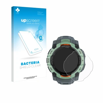 Parte frontale di una confezione del prodotto con il logo del marchio upscreen. Accanto è raffigurato il dispositivo Garmin In