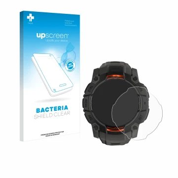 Parte frontale di una confezione del prodotto con il logo del marchio upscreen. Accanto è raffigurato il dispositivo Garmin In