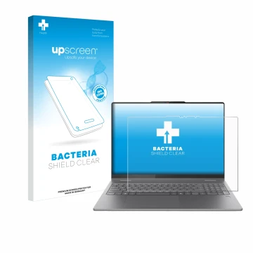 Parte frontale di una confezione del prodotto con il logo del marchio upscreen. Accanto è raffigurato il dispositivo Lenovo Yo