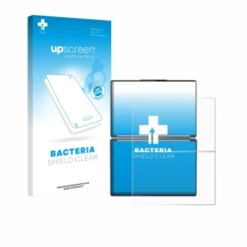 Parte frontale di una confezione del prodotto con il logo del marchio upscreen. Accanto è raffigurato il dispositivo Lenovo Yo