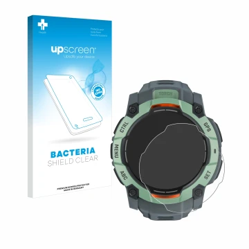 Parte frontale di una confezione del prodotto con il logo del marchio upscreen. Accanto è raffigurato il dispositivo Garmin In