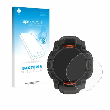 Parte frontale di una confezione del prodotto con il logo del marchio upscreen. Accanto è raffigurato il dispositivo Garmin In