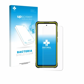 Parte frontale di una confezione del prodotto con il logo del marchio upscreen. Accanto è raffigurato il dispositivo Ulefone A