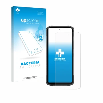 Parte frontale di una confezione del prodotto con il logo del marchio upscreen. Accanto è raffigurato il dispositivo Doogee Bl