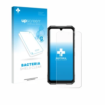 Parte frontale di una confezione del prodotto con il logo del marchio upscreen. Accanto è raffigurato il dispositivo Doogee Bl