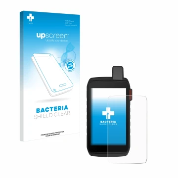 Parte frontale di una confezione del prodotto con il logo del marchio upscreen. Accanto è raffigurato il dispositivo Garmin Mo
