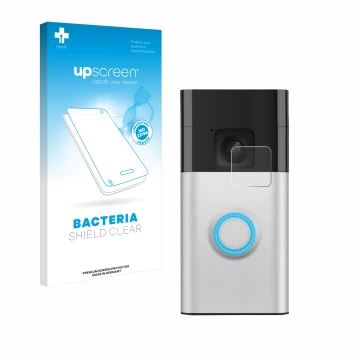 Parte frontale di una confezione del prodotto con il logo del marchio upscreen. Accanto è raffigurato il dispositivo Ring Batt