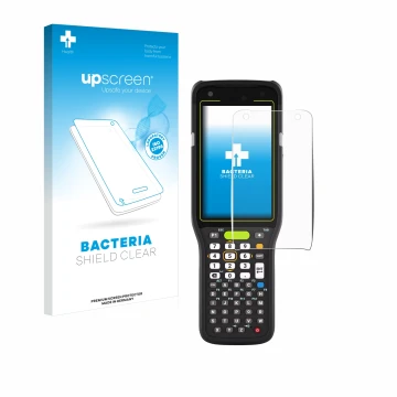 Parte frontale di una confezione del prodotto con il logo del marchio upscreen. Accanto è raffigurato il dispositivo Zebra MC3