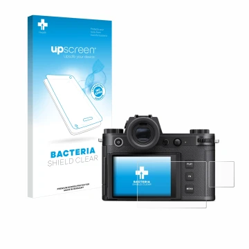 Parte frontale di una confezione del prodotto con il logo del marchio upscreen. Accanto è raffigurato il dispositivo Leica SL3