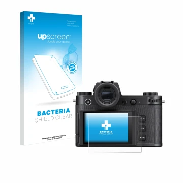 Parte frontale di una confezione del prodotto con il logo del marchio upscreen. Accanto è raffigurato il dispositivo Leica SL3