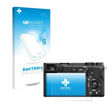 Parte frontale di una confezione del prodotto con il logo del marchio upscreen. Accanto è raffigurato il dispositivo Sony Alph