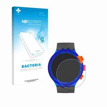 Parte frontale di una confezione del prodotto con il logo del marchio upscreen. Accanto è raffigurato il dispositivo Swatch Ne