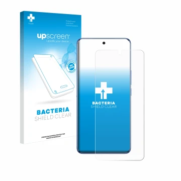 Parte frontale di una confezione del prodotto con il logo del marchio upscreen. Accanto è raffigurato il dispositivo Vivo V50 
